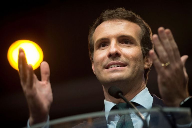 El candidato a presidir el Partido Popular Pablo Casado, durante el acto por la libertad