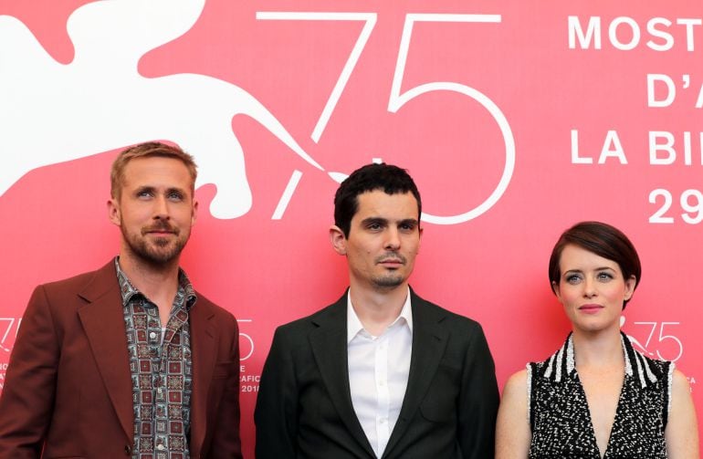 The 75th Venice International Film Festival - photocall for the opening movie &quot;First Man&quot; competing in the Venezia 75 section - Venice, Italy, August 29, 2018 - Director Damien Chazelle with actors Ryan Gosling and Claire Foy