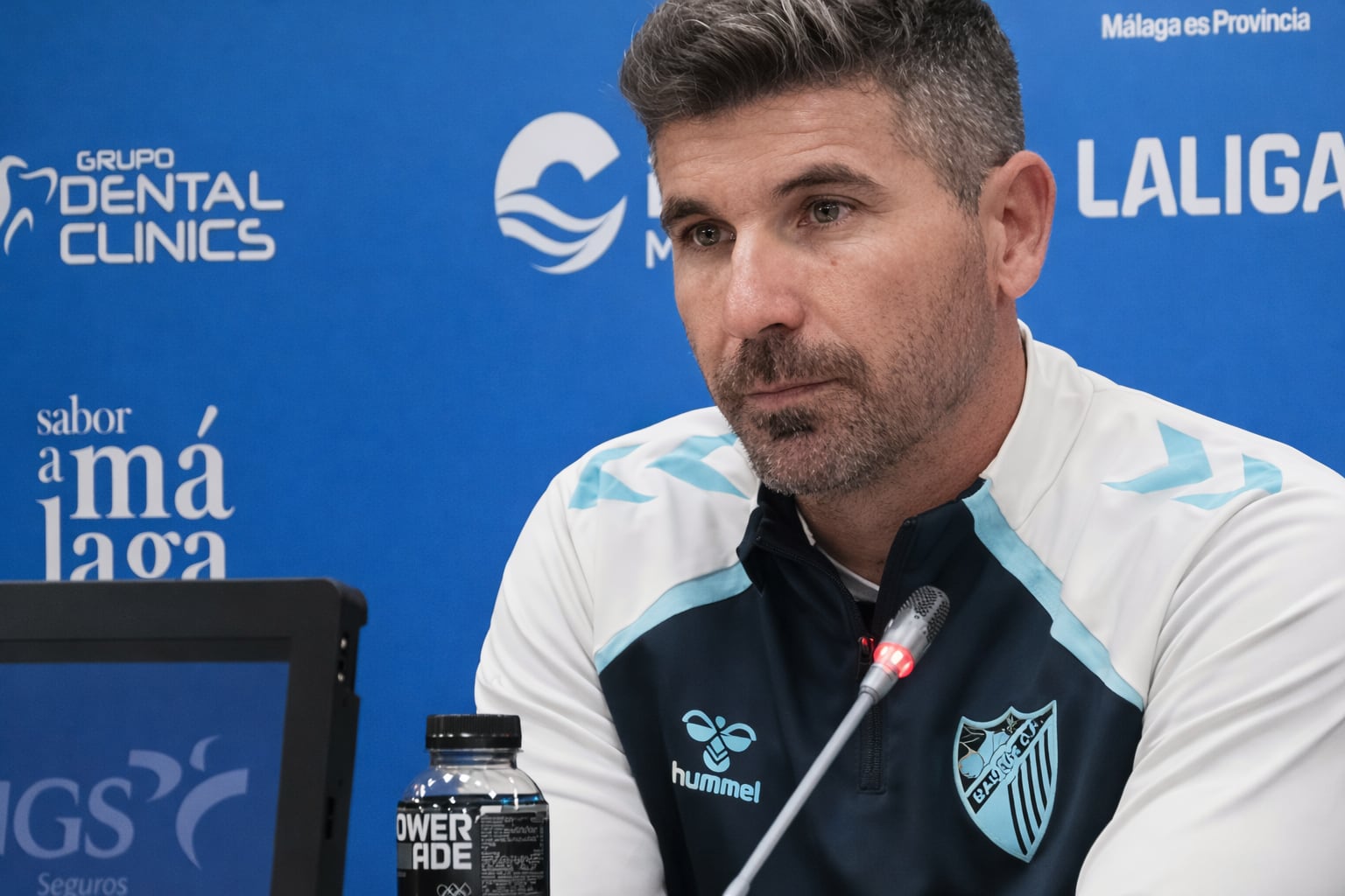 Juanfran Funes, en la sala de prensa de La Rosaleda