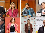 Candidatos a las elecciones autonómicas del 8 de febrero de 2026 en Aragón. De izquierda a derecha y de arriba a abajo: Jorge Azcón (PP), Pilar Alegría (PSOE), Alejandro Nolasco (Vox), Jorge Pueyo (CHA), Tomás Guitarte (Teruel Existe), María Goikoetxea (Podemos), Marta Abengochea (IU) y Alberto Izquierdo (PAR)