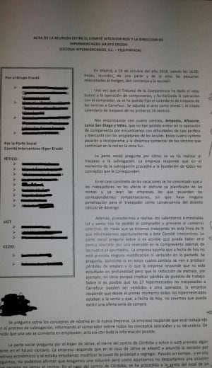 Uno de los documentos de la reunión donde se anuncia la paralización de la compra del centro de Albacete