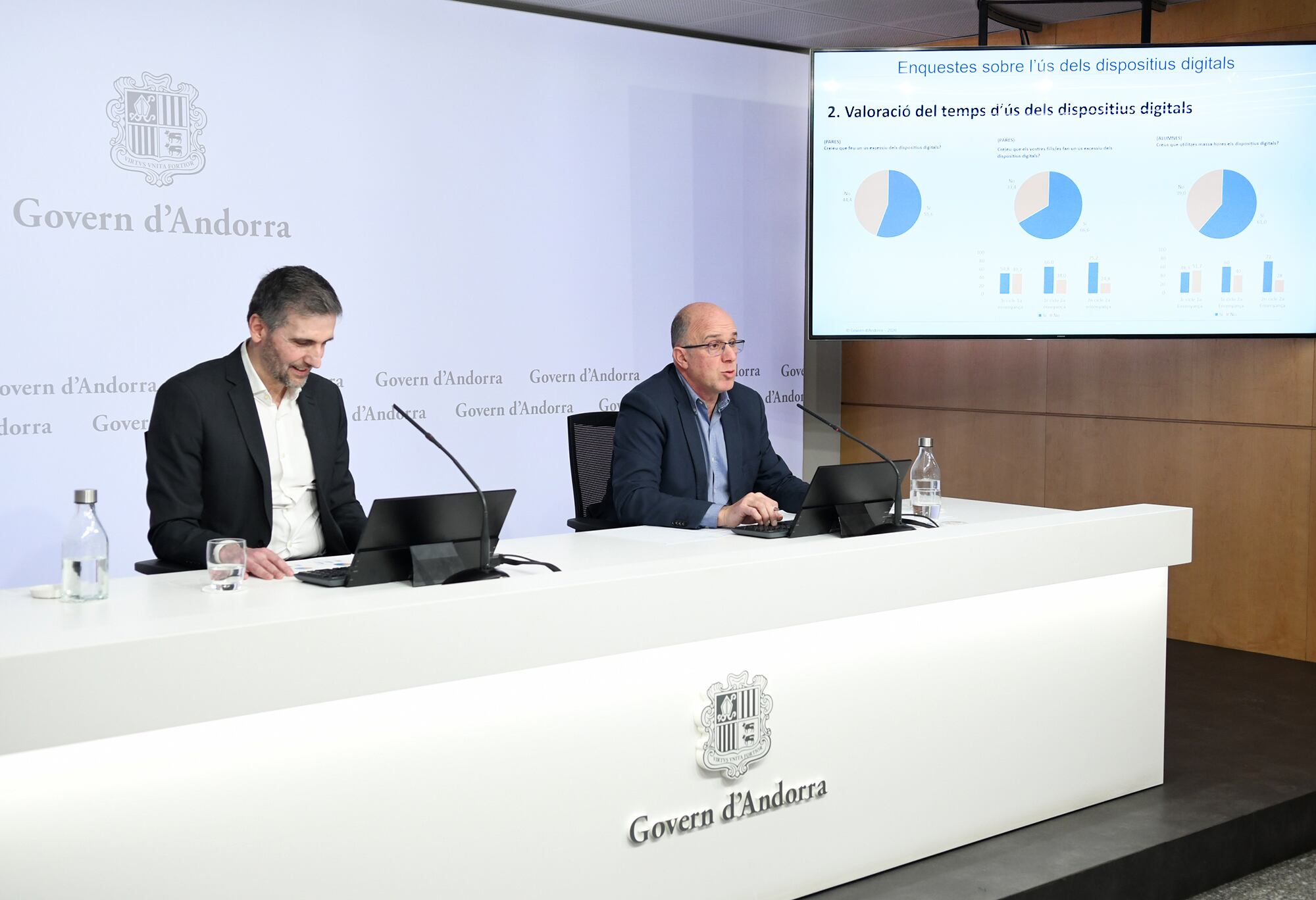 El director del departament d'ensenyament superior, recerca i innovació tecnològica, Xavier Campuzano, i el coordinador del grup de sociologia d'Andorra Recerca i Innovació, Joan Micó, durant la presentació dels resultats de l'enquesta sobre l'ús de les pantalles