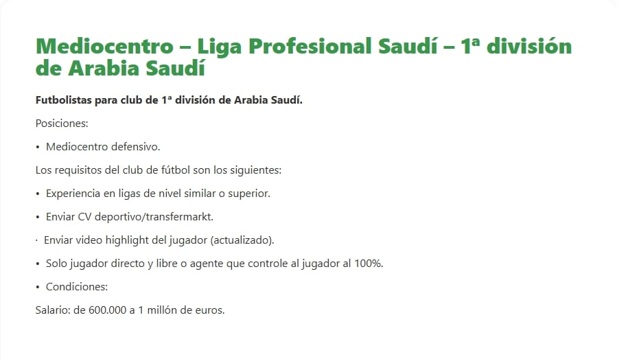 Oferta de empleo activa para futbolista profesional en Arabia Saudí