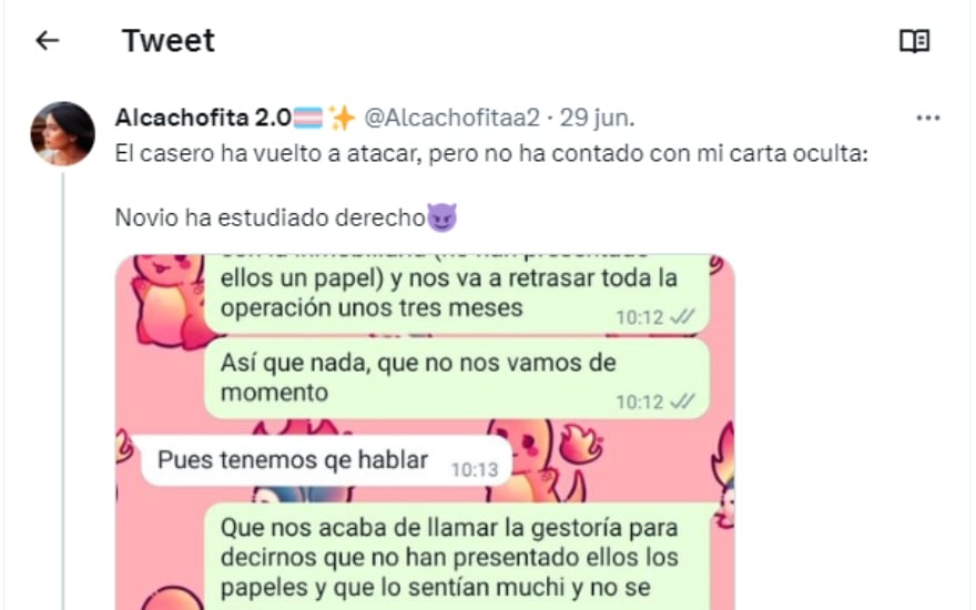 Conversación de la usuaria con su casero / Twitter