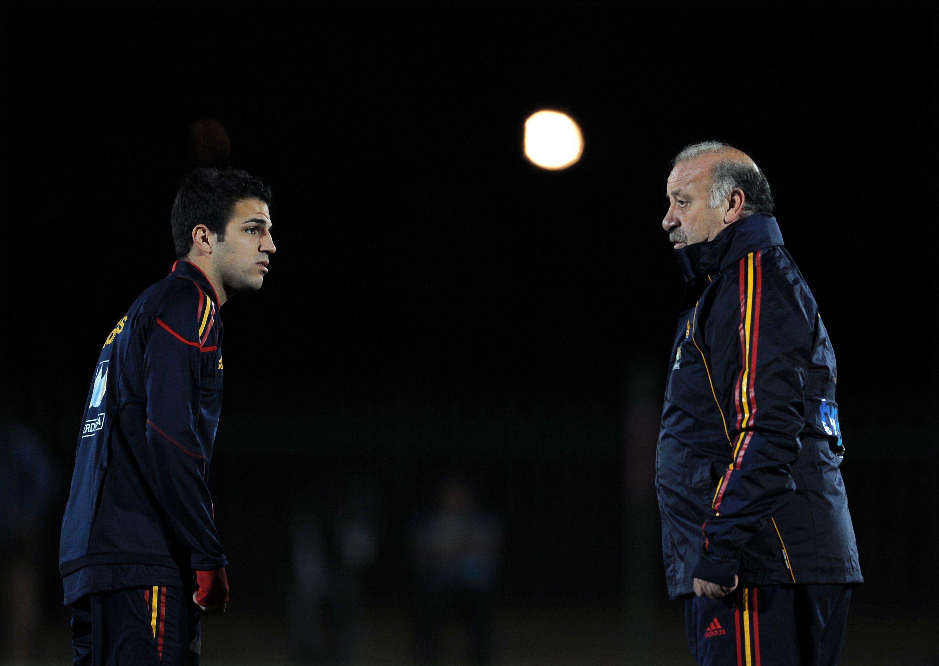 Cesc y Del Bosque, durante un entrenamiento en el Mundial de 2010.