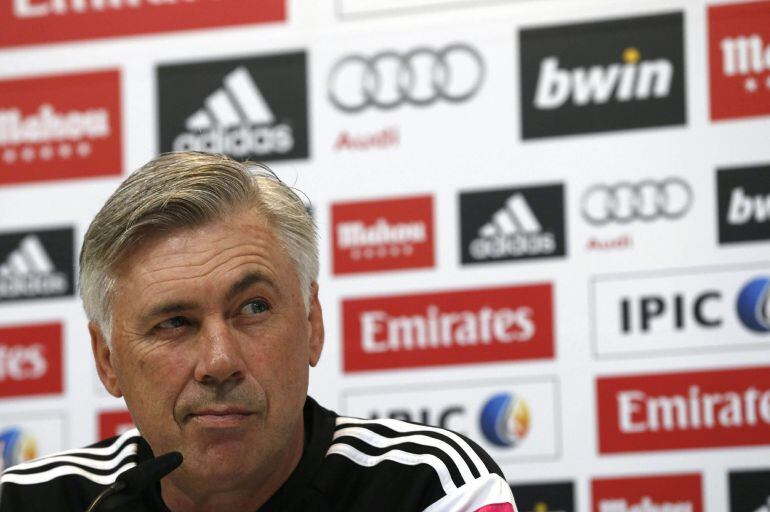 Carlo Ancelotti, durante la rueda de prensa de la víspera del partido de Liga ante el Eibar