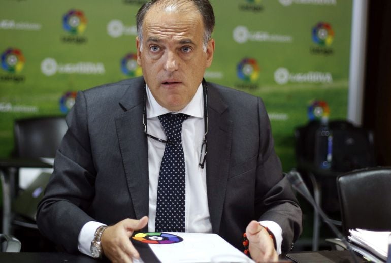 Javier Tebas, al inicio de la Asamblea General Extraordinaria de la LFP.