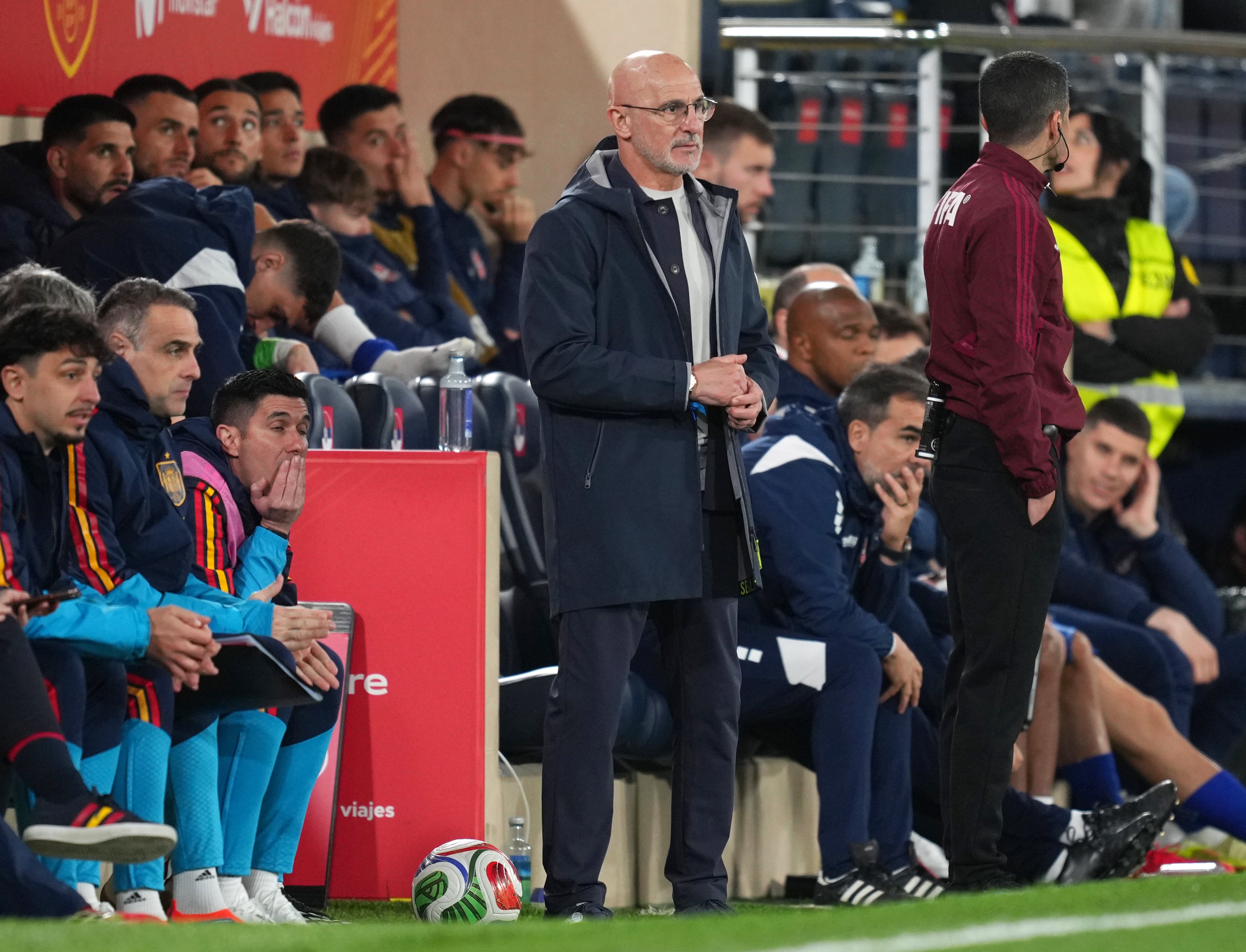 VILLARREAL, SPAIN - MARCH 27: Luis De La Fuente, Head Coach of Spain, looks on during the International Friendly match between Spain and Serbia at Estadio de la Ceramica on March 27, 2026 in Villarreal, Spain. (Photo by Alex Caparros/Getty Images)
