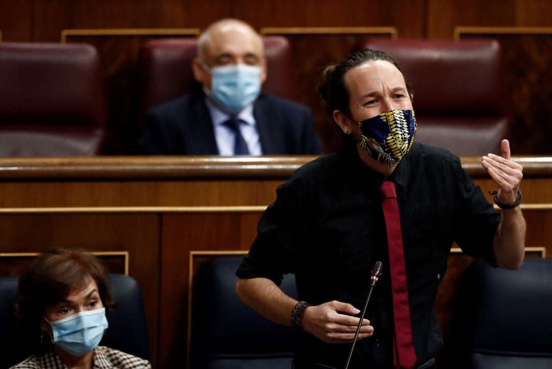 El vicepresidente tercero del Gobierno, Pablo Iglesias, interviene durante la sesión de control al Ejecutivo este miércoles en el Congreso. 