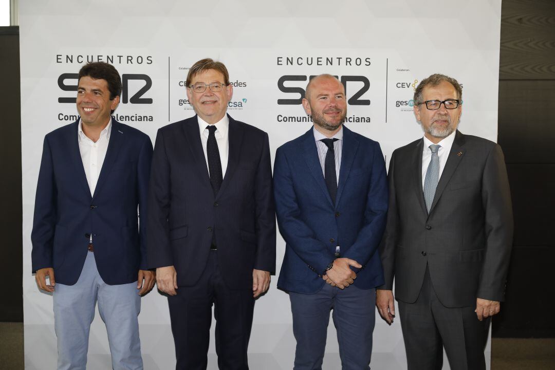 Foto de archivo de un Encuentros SER en julio de 2019: Carlos Mazón, presidente de la Diputación de Alicante, Ximo Puig, presidente de la Generalitat, Toni Gaspar y Josep Martí, presidentes de la Diputación de Valencia y Castellón