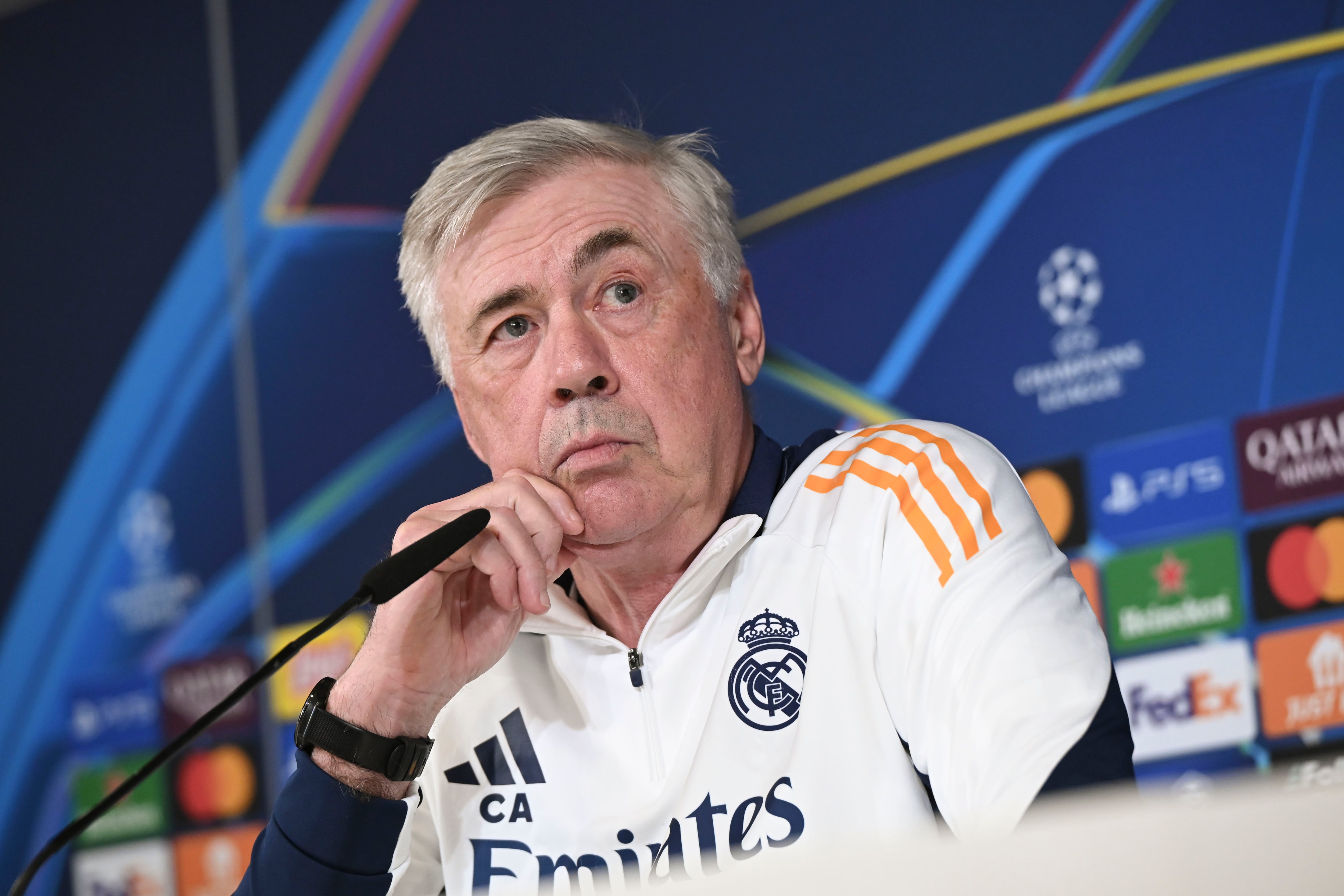 Carlo Ancelotti, durante la rueda de prensa previa al partido de Champions ante el Brest