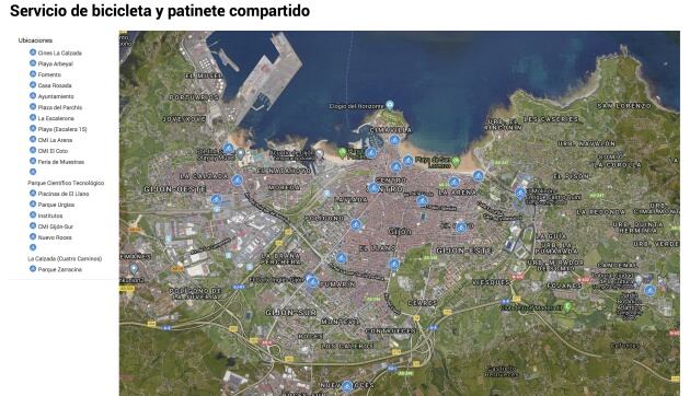 Mapa de puntos donde se podrán alquilar los patinetes.