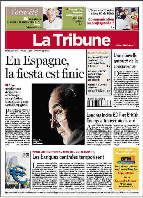 Portada del diario económico &#039;La Tribune&#039; en el que titulan &quot;En España la fiesta se ha acabado&quot;