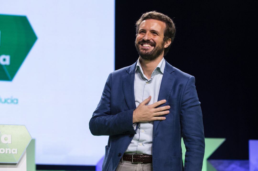 El presidente del PP nacional, Pablo Casado, durante su intervención en la clausura del XVI Congreso Autonómico del PP de Andalucía, en Granada.