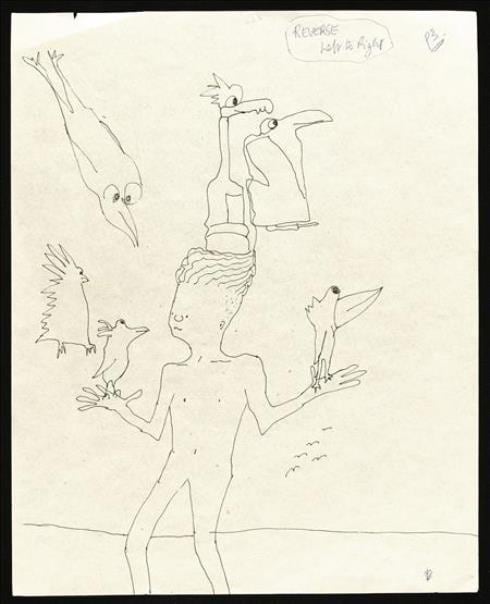 Imagen facilitada por Sotheby&#039;s de la obra &quot;Untitled illustration of a boy with six birds&quot; que forma parte de la colección de manuscritos y dibujos satíricos en tinta del compositor John Lennon