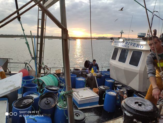 Pescadores alijando el pescado en el muelle de la Cofradía de Punta Umbría