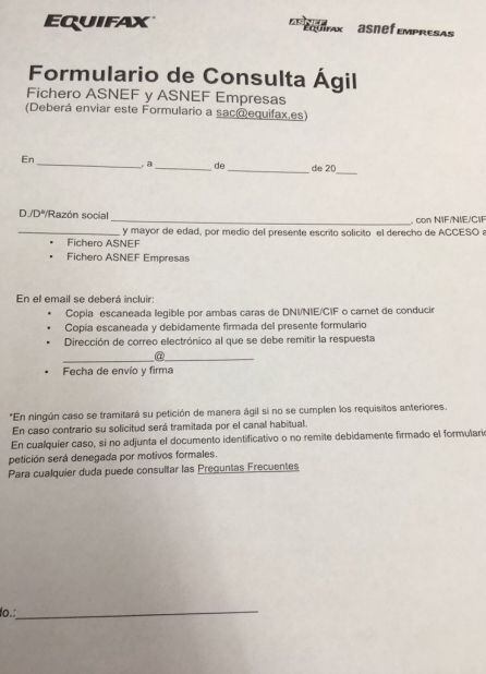 Formulario consulta sobre si estamos en fichero de morosos