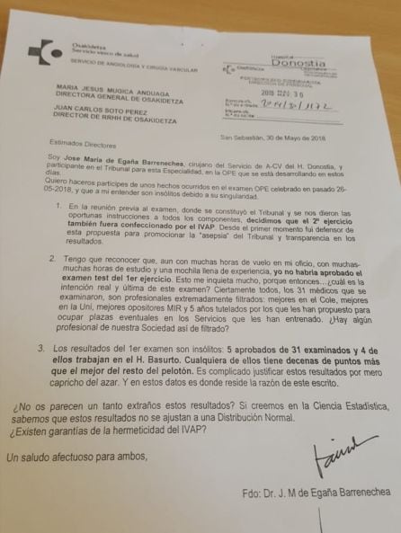 Carta remitida por un miembro del tribunal cuestionando los resultados del proceso