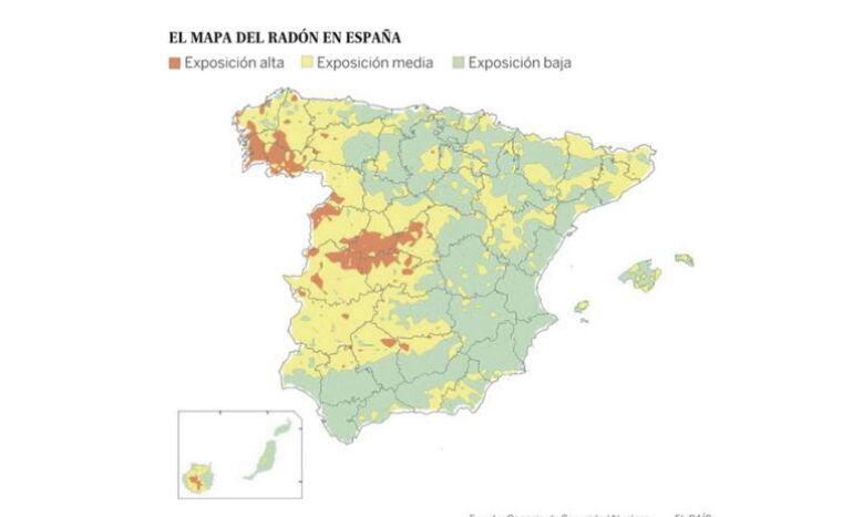 Mapa de España que muestra las principales concentraciones del radón, un gas radiactivo que se genera en algunos tipos de suelos como las formaciones de granito.