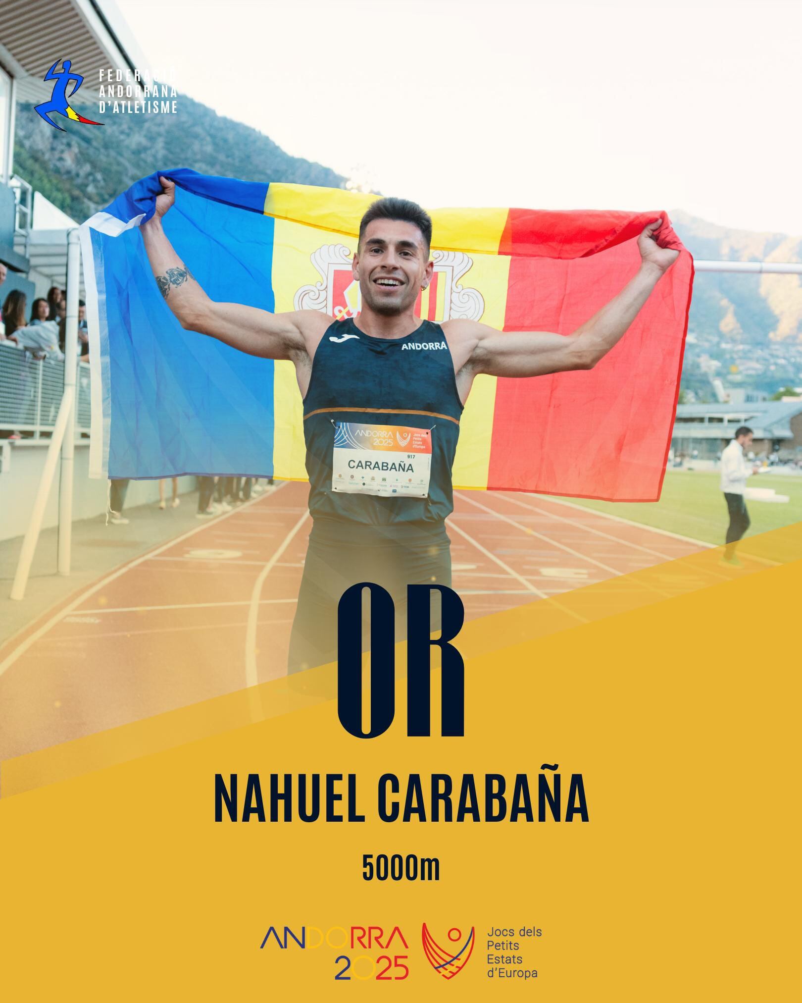 Nahuel Carabaña, or als 5.000m dels Jocs dels Petits Estats, sumant el segon metall d'aquesta competició.