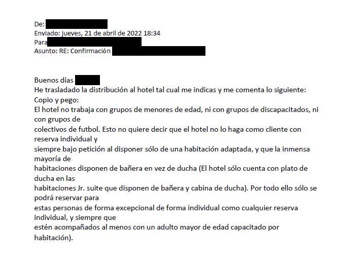 Correo electrónico de respuesta del Hotel Gandía Palace a la petición de reserva de un grupo de personas con discapacidad intelectual.