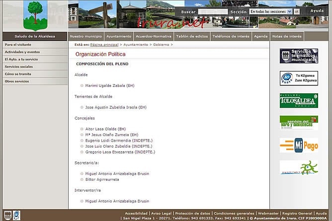 La web de Irura, donde figuran los cargos de EH.