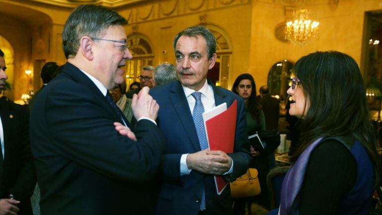 Ximo Puis, José Luis Rodríguez Zapatero y Mónica Oltra ayer en Madrid