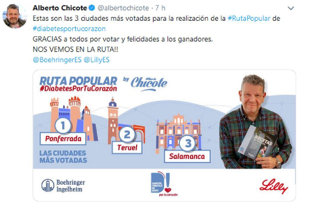 Tuit de Alberto Chicote sobre la elección de Ponferrada