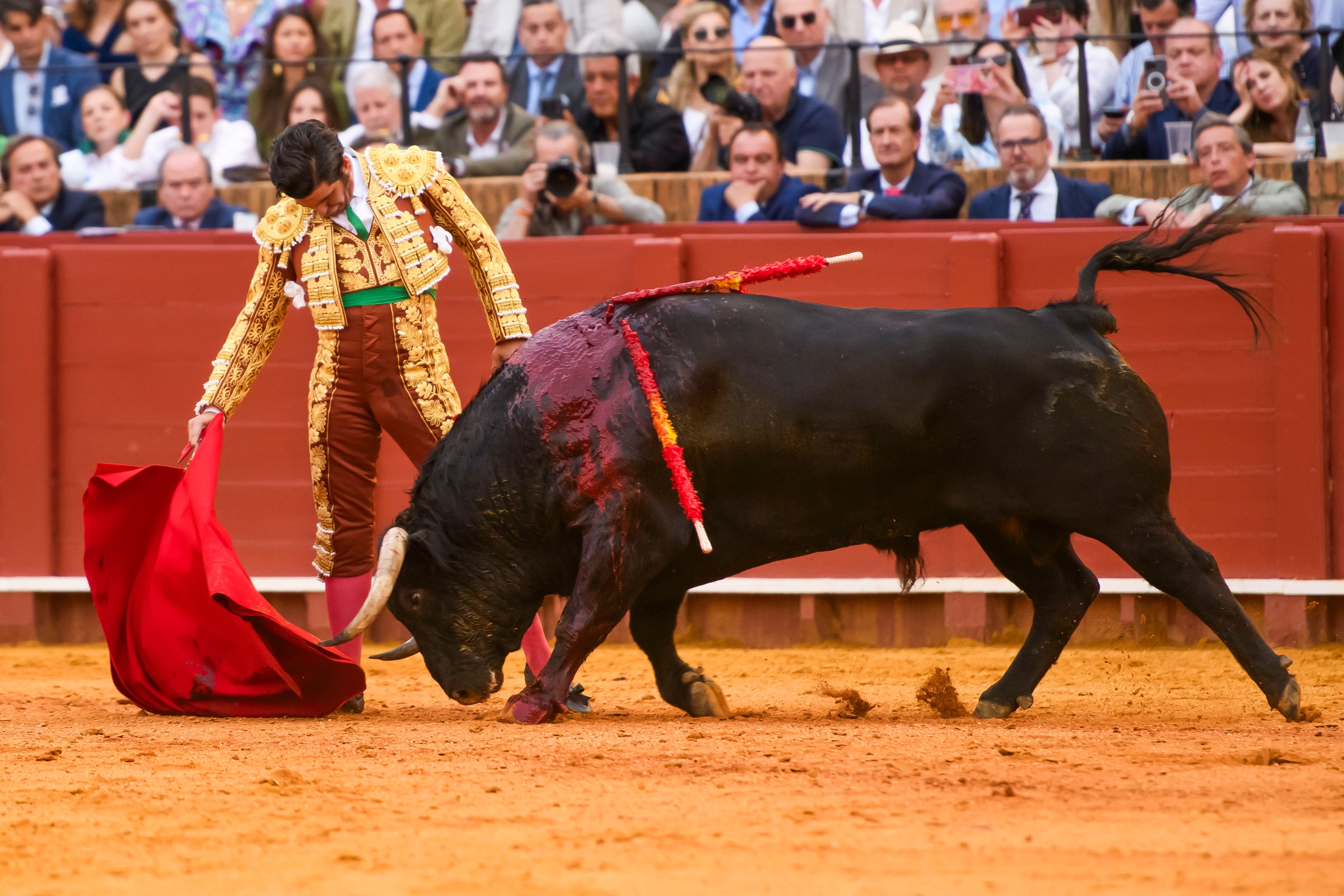 SEVILLA, 19/04/2024.- El diestro Morante de la Puebla con su segundo toro de la tarde en el festejo de la Feria de Abril que se celebra este viernes en la Real Maestranza de Sevilla. EFE/ Raúl Caro.
