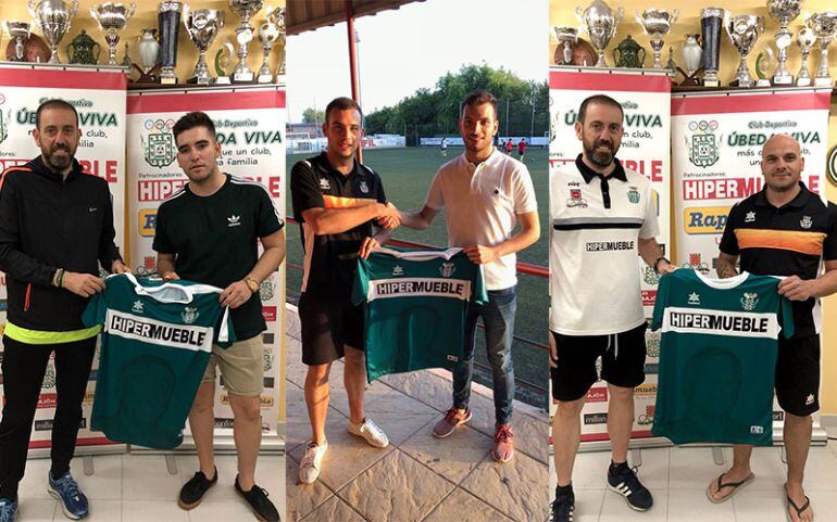 Los futbolistas Carlos Cano, Tano y Aragón (Gato) posan con la camiseta del Úbeda tras renovar