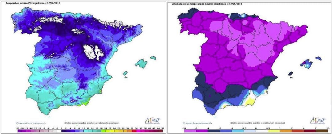 A la izquierda, las temperaturas mínimas de este 12 de junio; a la derecha, las anomalías térmicas para esta época del año.