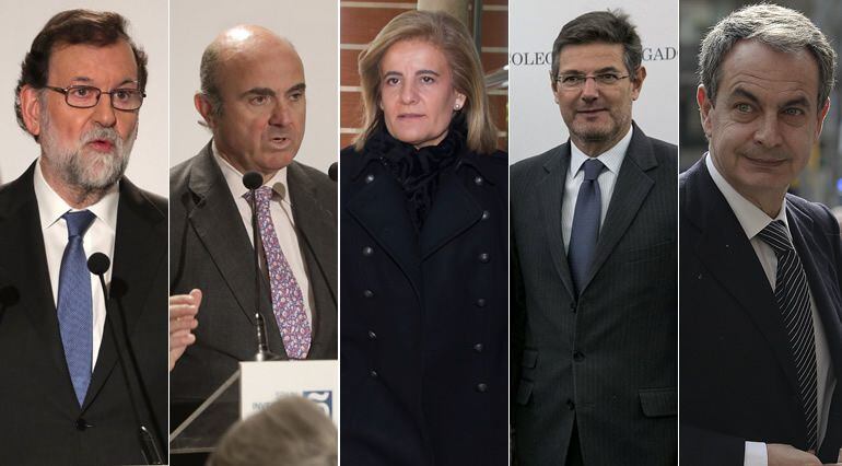 De izquierda a derecha: Mariano Rajoy, Luis de Guindos, Fátima Báñez, Rafael Catalá y José Luis Rodríguez Zapatero