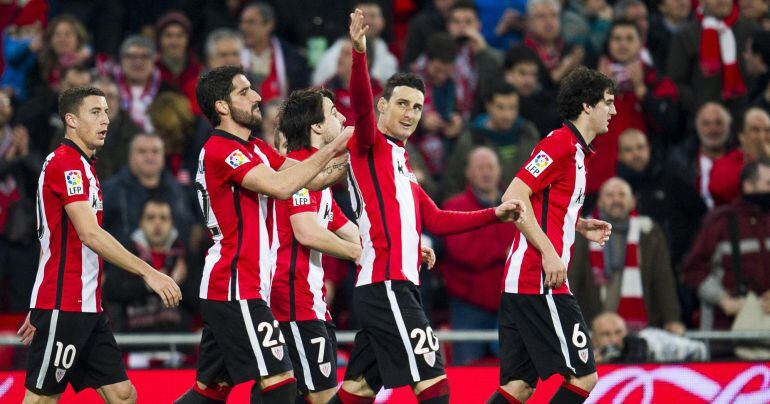 Aritz Aduriz of Athletic Club celebrates after scoring his team&#039;s  fourth goal during the La Liga match between Athletic Club Bilbao and RC Deportivo La Coruna at San Mames Stadium on March 2