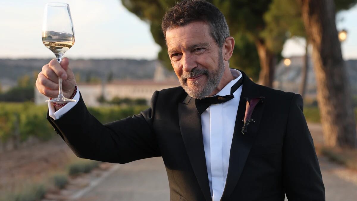 Antonio Banderas brinda con la prensa tras la boda de su hija.