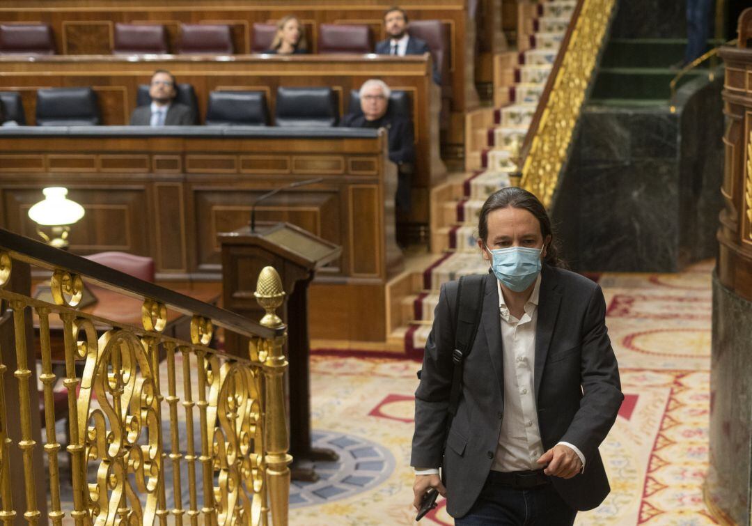 El vicepresidente segundo del Gobierno, Pablo Iglesias, en el Congreso durante el Pleno en que se ha discutido sobre la nueva Ley de Educación y los nuevos plazos de la Ley de Enjuiciamiento, en Madrid (España)