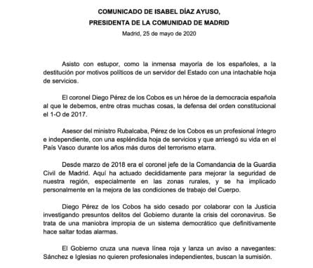 Comunicado de la Comunidad de Madrid sobre el cese de Pérez de los Cobos