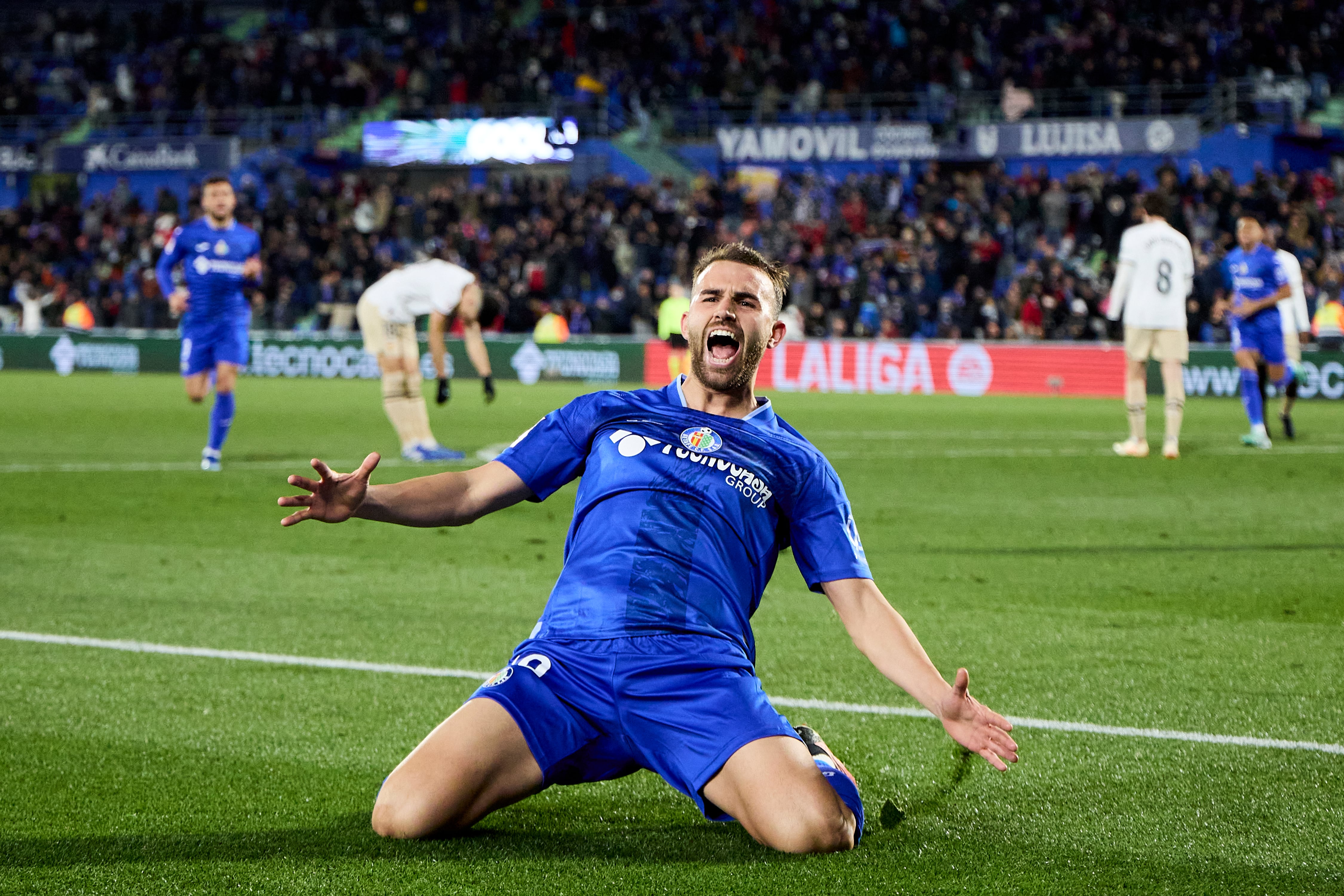 GETAFE, SPAIN - DECEMBER 08: Borja Mayoral of Getafe CF celebrates after scoring their side&#039;s first goal during the LaLiga EA Sports match between Getafe CF and Valencia CF at Coliseum Alfonso Perez on December 08, 2023 in Getafe, Spain. (Photo by PGI/Quality Sport Images/Getty Images)