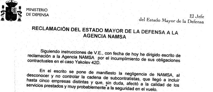 Captura de la reclamación del Estado Mayor de la Defensa a la Agencia NAMSA