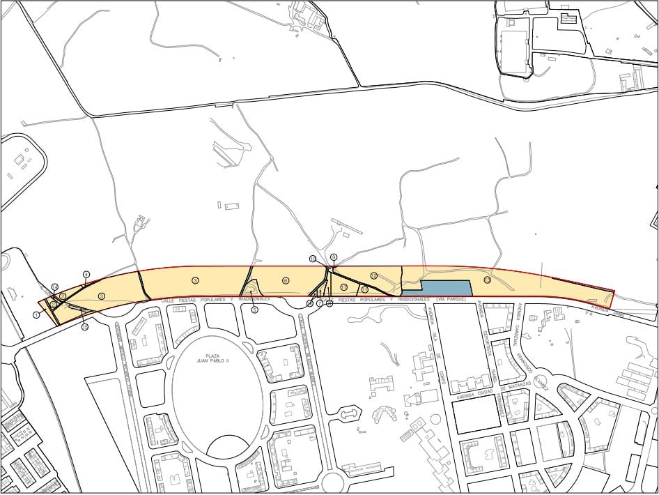 Plano del tramo de la Vía Parque comprendido entre los PAU 1 y 2