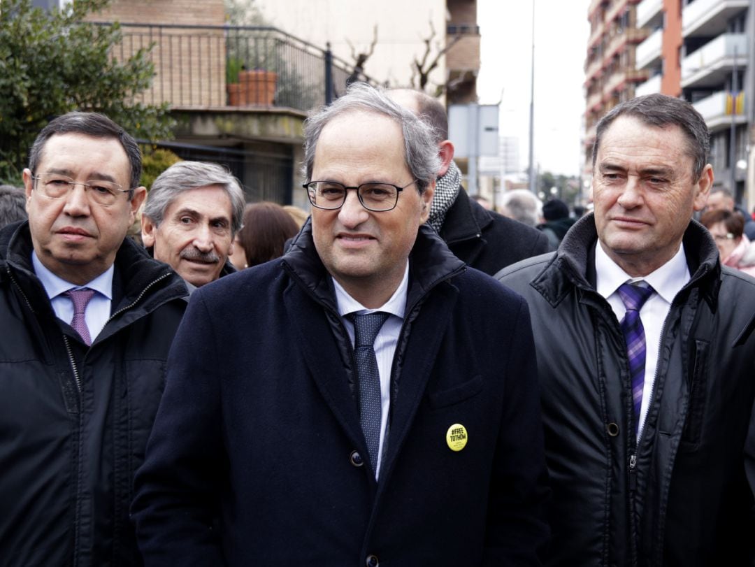 Pla obert del president de la Generalitat, Quim Torra, amb el delegat del Govern a Lleida, Ramon Farré i el president del Consell Comarcal de Les Garrigues, Jaume Setó, a les Borges Blanques, el 19 de gener de 2020. (Horitzontal)