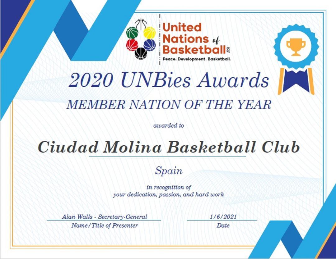 Certificado que acredita a Molina Basket como club del año por las Naciones Unidas del Baloncesto