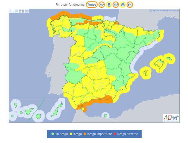 Las Islas Canarias son la única CCAA que se libra este viernes de los avisos de Aemet.