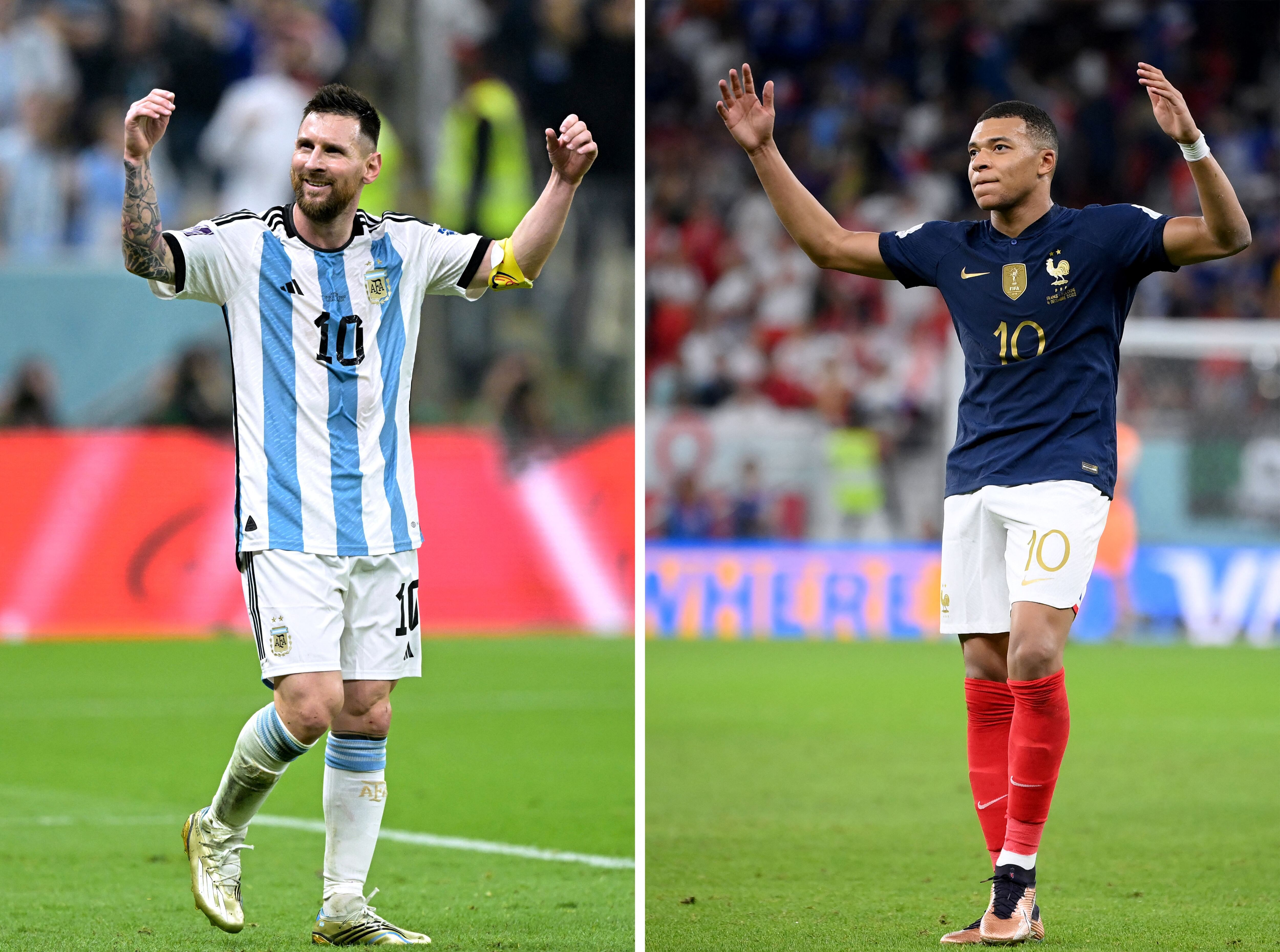 (COMBO) This combination of file photos created on December 16, 2022, shows Argentina&#039;s forward #10 Lionel Messi (L) in Lusail, north of Doha on December 13, 2022; and France&#039;s forward #10 Kylian Mbappe in Doha on December 4, 2022. - Argentina will play France in the Qatar 2022 World Cup football final match in Doha on December 18, 2022. (Photo by Juan MABROMATA and Franck FIFE / AFP) (Photo by JUAN MABROMATA,FRANCK FIFE/AFP via Getty Images)