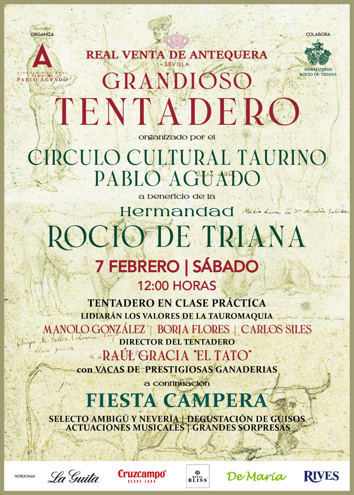 Cartel del tentadero organizado por el Círculo Cultural Taurino Pablo Aguado a beneficio de la Hermandad del Rocío de Triana