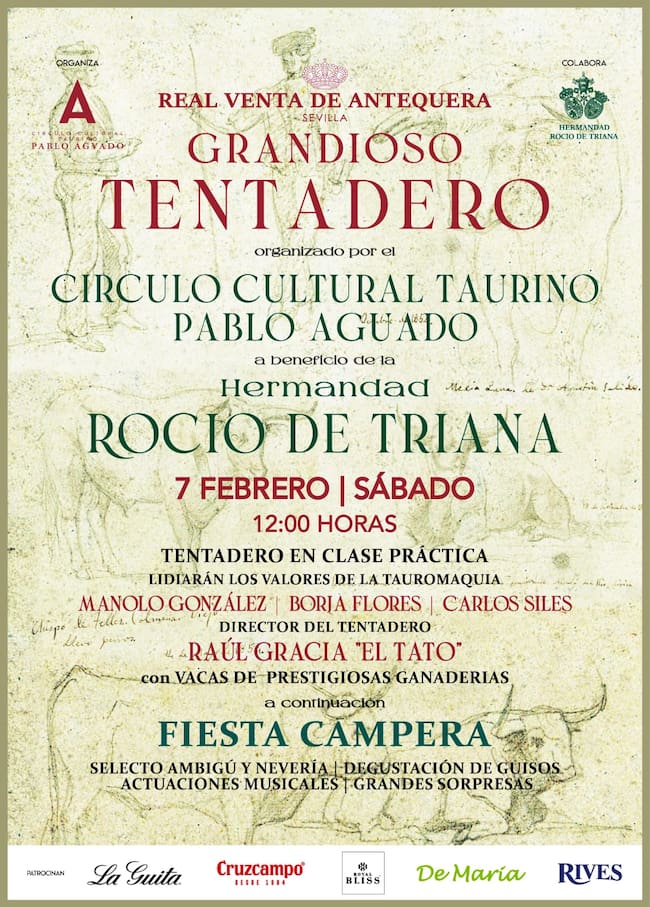 Cartel del tentadero organizado por el Círculo Cultural Taurino Pablo Aguado a beneficio de la Hermandad del Rocío de Triana