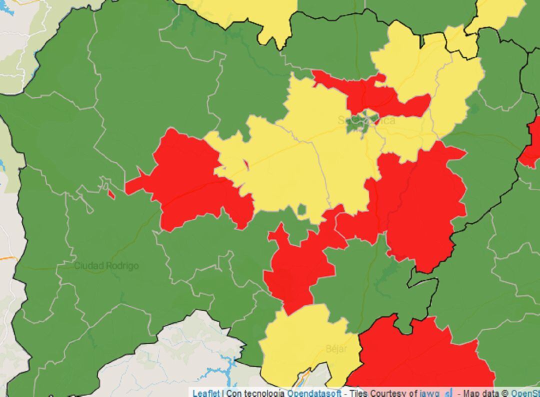 Mapa de la incidencia del coronavirus en la provincia de Salamanca.
