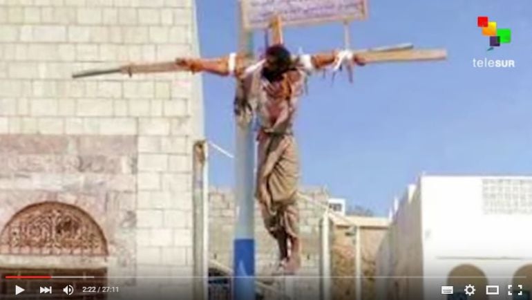 imagen de la cadena de tv telesur de una crucifixion en Arabia Saudí