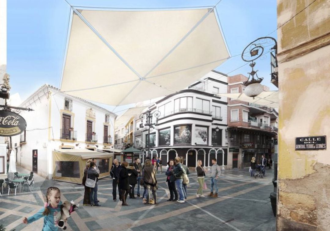 Recreación de los toldos que el Ayuntamiento de Lorca tiene previsto instalar en la Calle Corredera