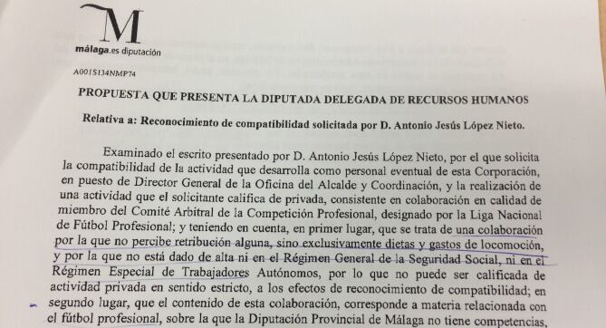 Parte del documento de Diputación con la propuesta para reconocer la compatibilidad a López Nieto