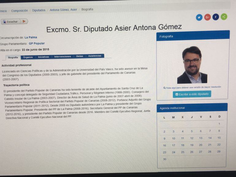 Perfil personal de Asier Antona en la página web del Parlamento de Canarias.